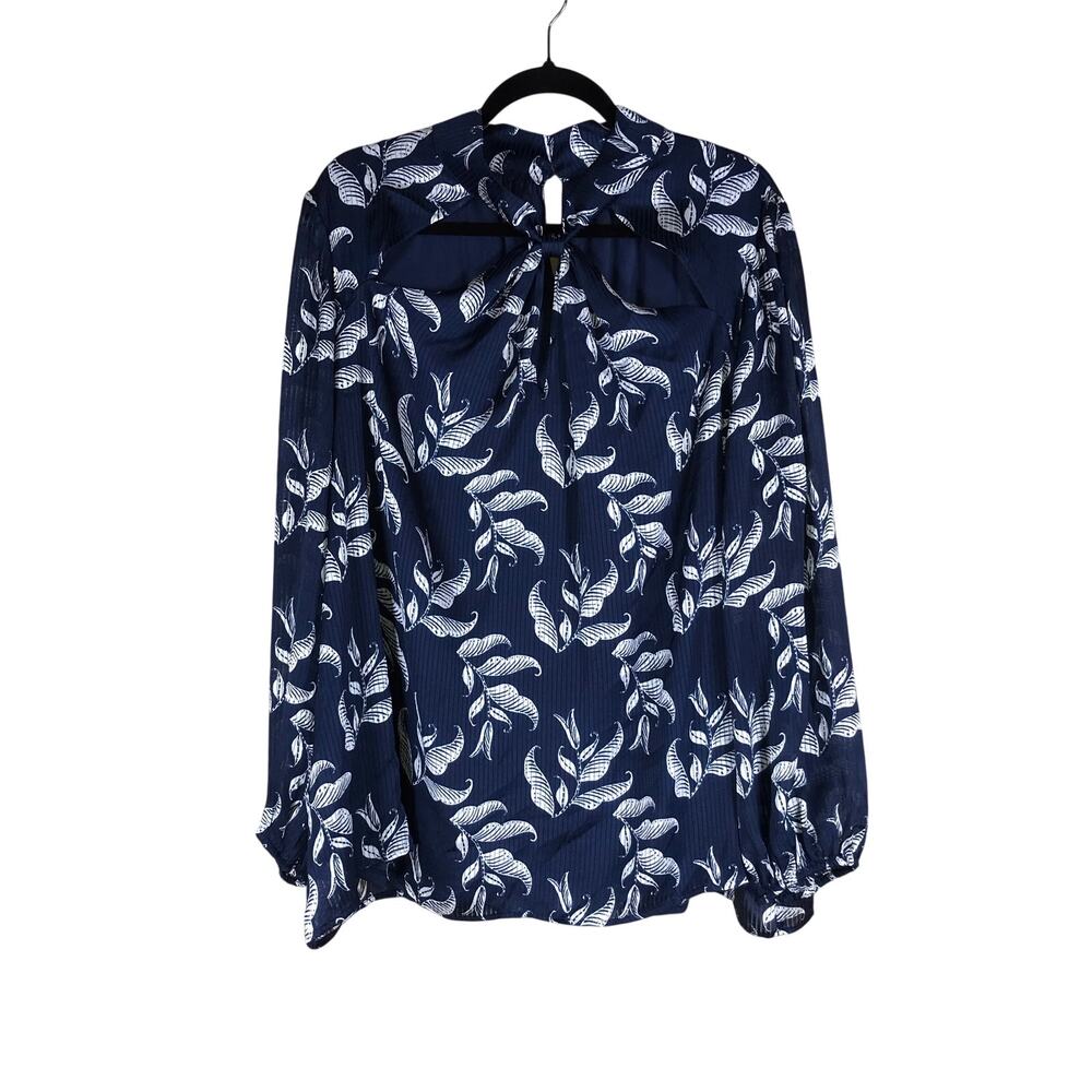 Lane Bryant Blouse Women’s 24 Navy Blue White Print Twist Mock Neck Plus Size